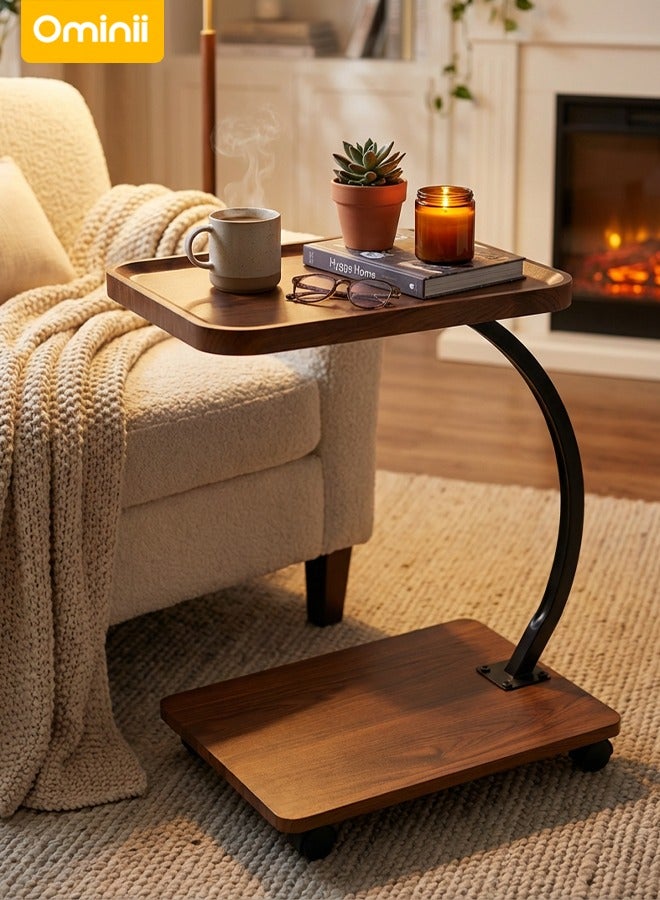 Ominii Rolling Wooden Tray Table with Wheels – C-Shaped Sofa Side Table for Laptop, Coffee & Snacks, Easy to Move, Compact Design for Living Room & Bedroom - Image 1